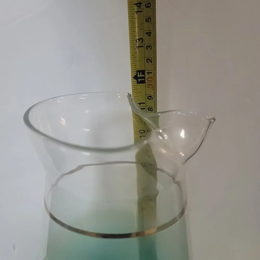 Vintage 1950's Teal Color Frosted Blendo Glass Pitcher With Gold Rim 11.75